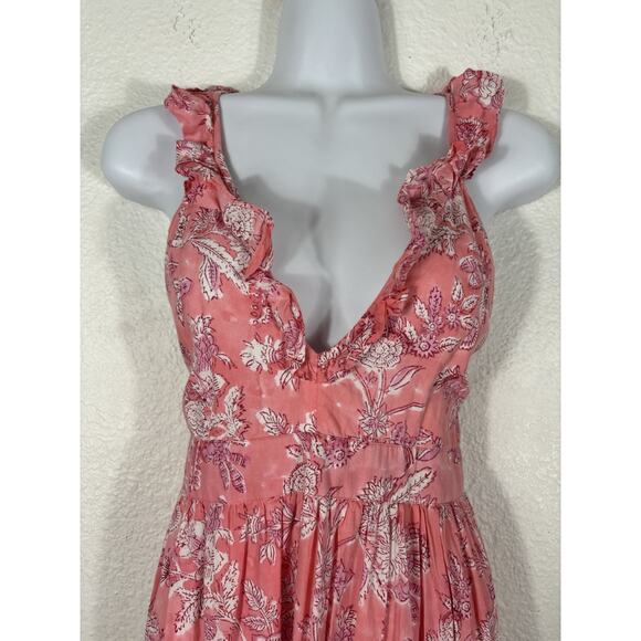 Madison Mathews Maxi Dress Women’s Size M Pink Sleeveless Floral Cotton VNeck - Picture 2 of 14